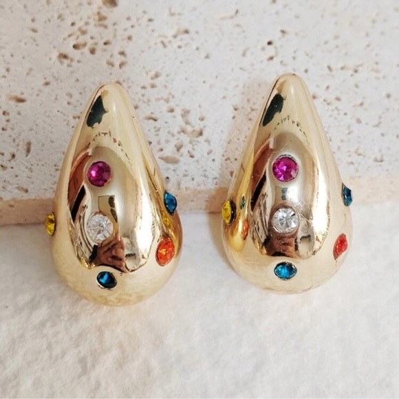 Gold and Multi-Colored Crystal Teardrop Earrings - Picture 1 of 2